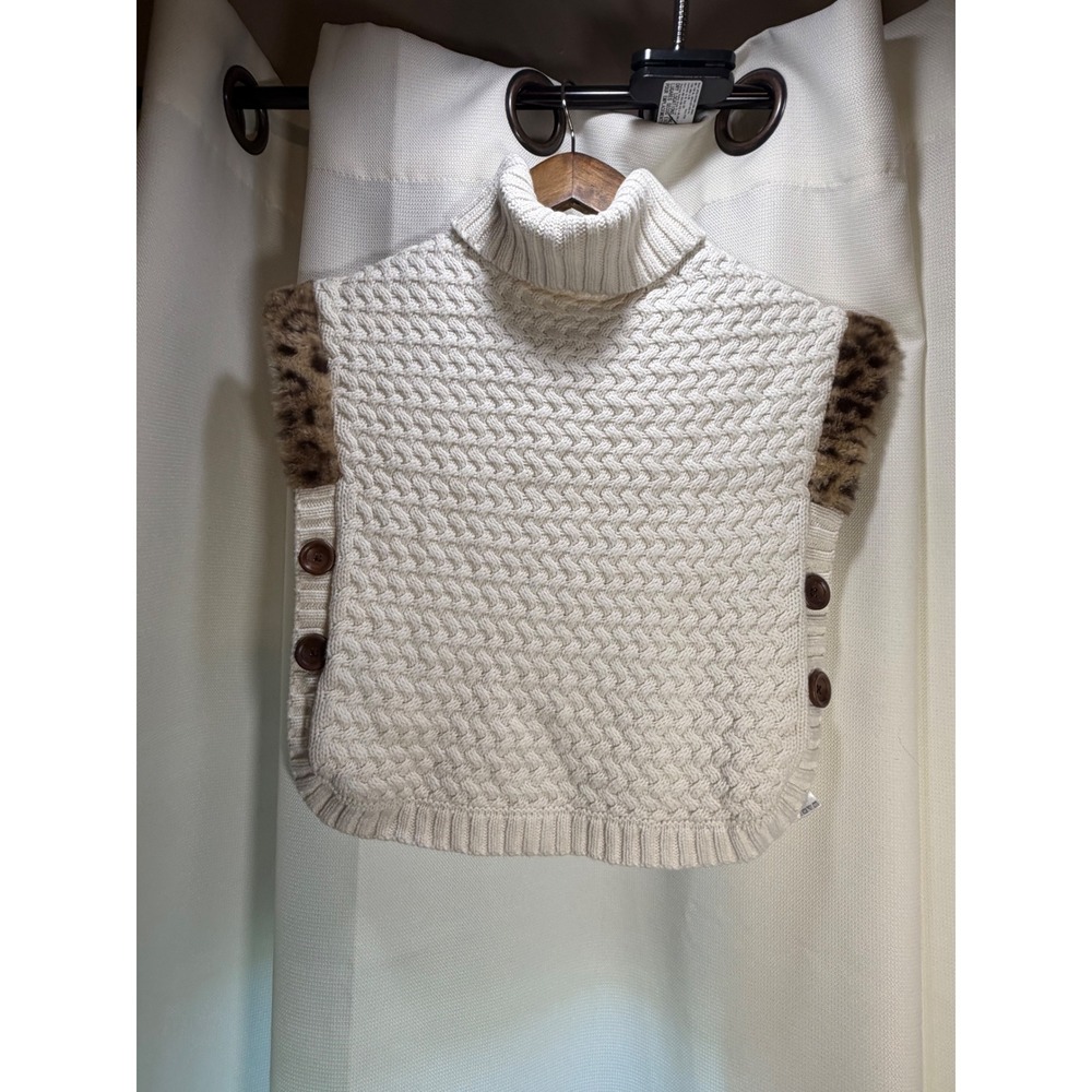 Aspen Kids Girls Ivory Cable Knit Poncho Sweater Leopard Faux Fur Trim Size 5/6